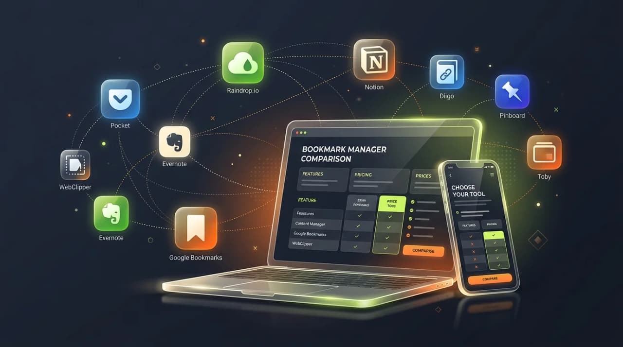 several bookmark manager app icons floating around a phone and laptop screen
