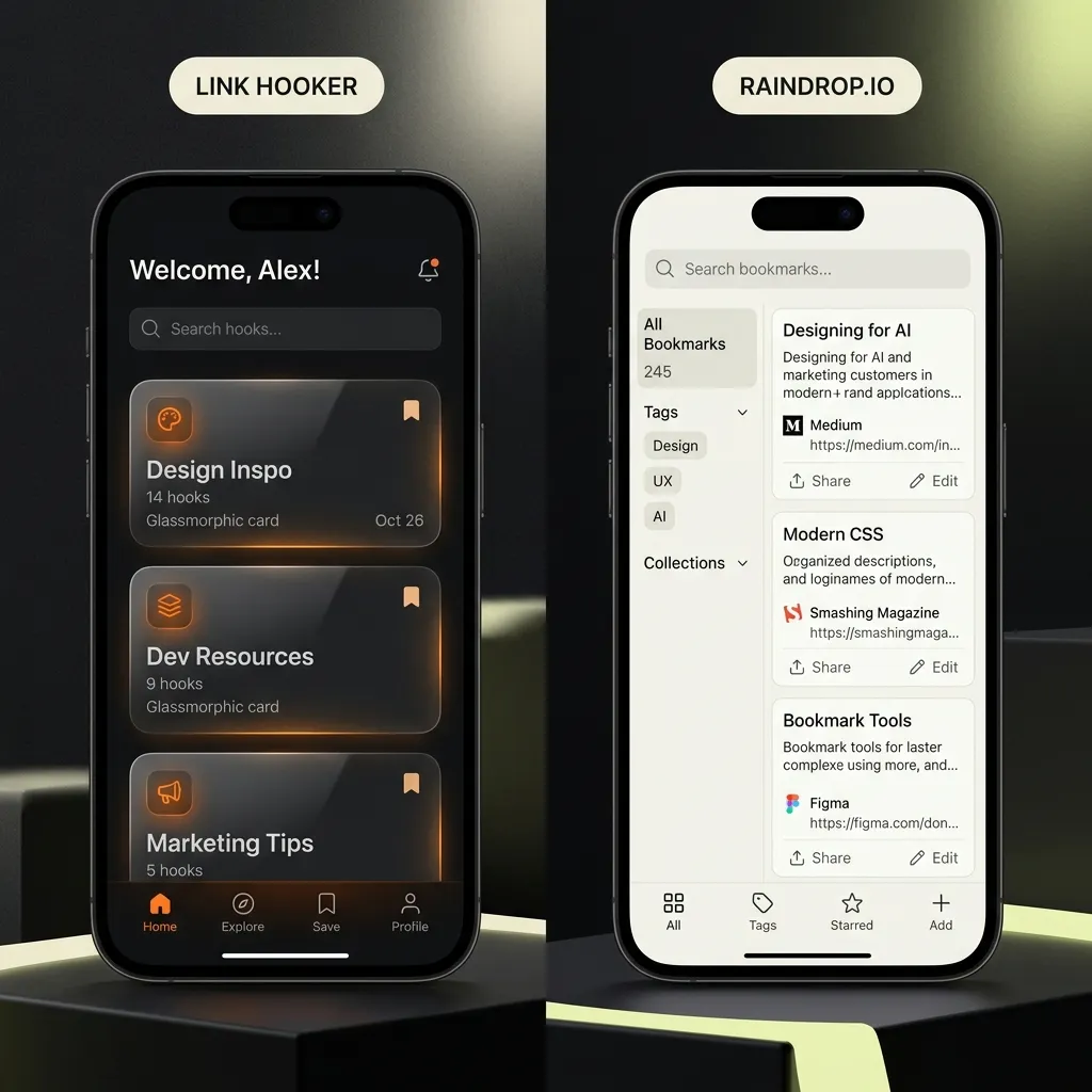 person comparing raindrop.io alternatives on phone and laptop