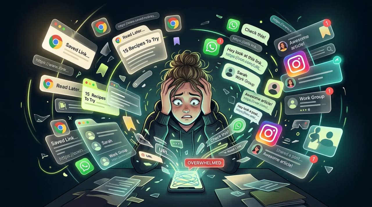 cluttered browser tabs and messaging apps representing scattered saved links